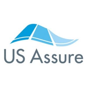 A blue and white logo of us assure
